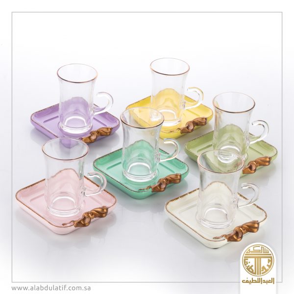 طقم بياله زجاح 6ح مع صحن خشب