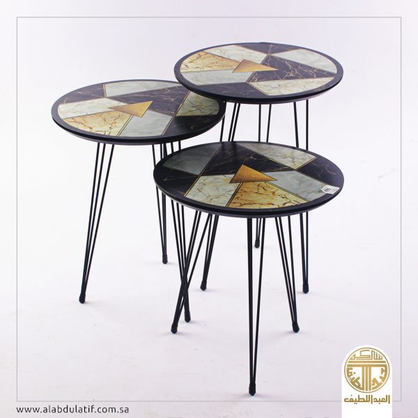 طقم طاولة مدوره 3 حبات برجل حديد 38×38